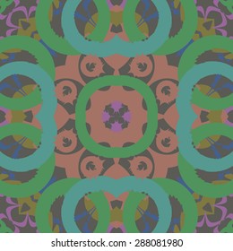 Circular  seamless pattern of abstract motif,  spots, stars, hole, bagel. Handmade.