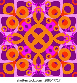 Circular  seamless pattern of abstract motif,  spots, bagels, stars. Handmade.