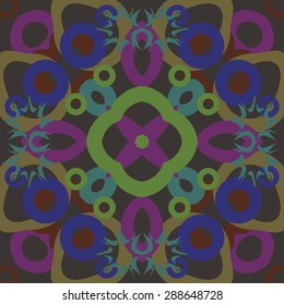 Circular  seamless pattern of abstract motif,  spots, bagels, stars. Handmade.