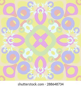 Circular  seamless pattern of abstract motif,  spots, bagels, stars. Handmade.