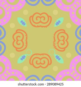 Circular seamless pattern of abstract motif, ellipses,waves, spirals, copy space. Handmade.