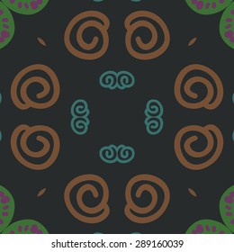 Circular seamless pattern of abstract motif, ellipses spirals. Handmade.