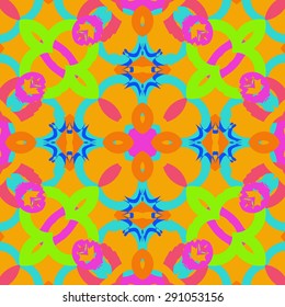 Circular seamless pattern of abstract motif, spots,stars, bagels , hole, waves. Handmade.