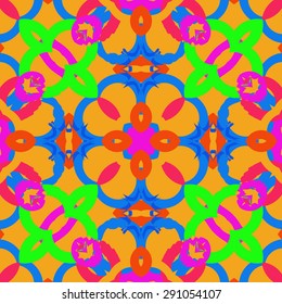 Circular seamless pattern of abstract motif, spots,stars, bagels , hole, waves. Handmade.