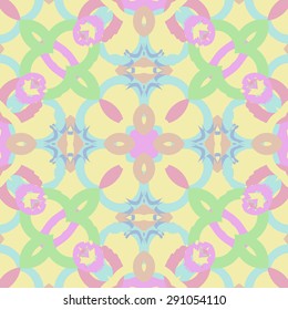 Circular seamless pattern of abstract motif, spots,stars, bagels , hole, waves. Handmade.