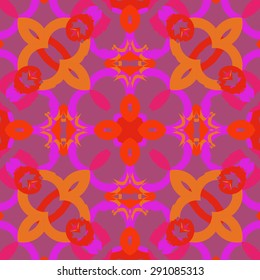 Circular seamless pattern of abstract motif, spots,stars, bagels , hole, waves. Handmade.