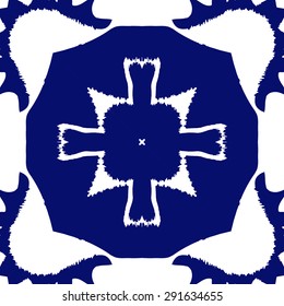 Circular seamless  pattern of abstract motif, cross, waves, zigzags, hole. Handmade.