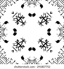 Circular seamless  pattern of abstract motif, spots, snowflakes,waves, hole, copy space. Hand drawn. Winter theme, thaw.