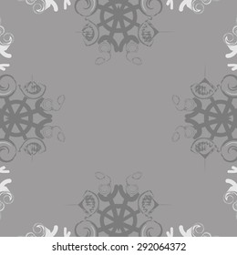 Circular seamless  pattern of abstract motif, spots, snowflakes,spirals, hole, stars,copy space. Hand drawn. Winter theme.
