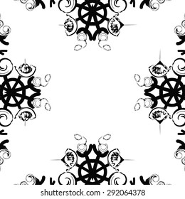 Circular seamless  pattern of abstract motif, spots, snowflakes,spirals, hole, stars,copy space. Hand drawn. Winter theme.