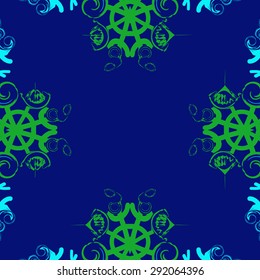 Circular seamless  pattern of abstract motif, spots, snowflakes,spirals, hole, stars,copy space. Hand drawn. Winter theme.