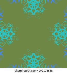Circular seamless  pattern of abstract motif, spots, snowflakes,spirals, hole, stars,copy space. Hand drawn. Winter theme.
