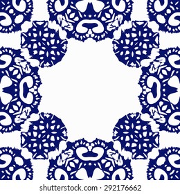 Circular  seamless pattern of abstract motif, spots,  hole, spirals, waves, copy space. Hand drawn. 