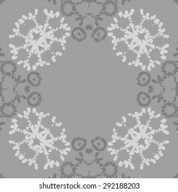 Circular seamless  pattern of abstract motif, spots, snowflakes, stars, hole, copy space. Hand drawn. Winter theme.