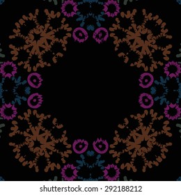 Circular seamless  pattern of abstract motif, spots, snowflakes, stars, hole, copy space. Hand drawn. Winter theme.