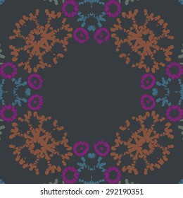 Circular seamless  pattern of abstract motif, spots, snowflakes, stars, hole, copy space. Hand drawn. Winter theme.