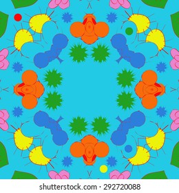 Circular seamless  pattern of abstract motif, spots, stars, ellipses, copy space. Hand drawn.