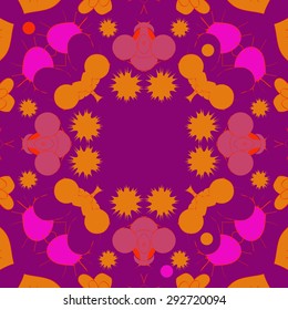 Circular seamless  pattern of abstract motif, spots, stars, ellipses, copy space. Hand drawn.