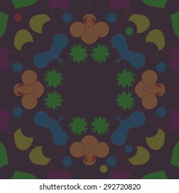 Circular seamless  pattern of abstract motif, spots, stars, ellipses, copy space. Hand drawn.