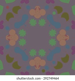 Circular seamless  pattern of abstract motif, spots, stars, ellipses, copy space. Hand drawn.
