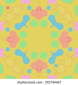 Circular seamless  pattern of abstract motif, spots, stars, ellipses, copy space. Hand drawn.