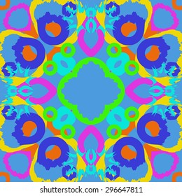 Circular seamless  pattern of abstract motif, spots, stars, waves, copy space. Handmade.