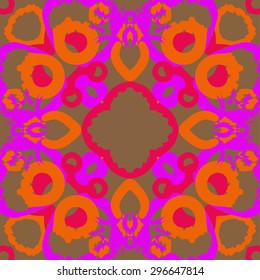 Circular seamless  pattern of abstract motif, spots, stars, waves, copy space. Handmade.
