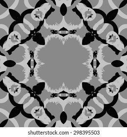 Circular seamless pattern of abstract motif, copy space, spots, stars. Handmade.