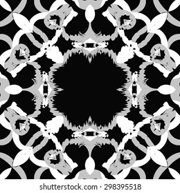 Circular seamless pattern of abstract motif, copy space, spots, stars. Handmade.