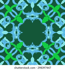 Circular seamless pattern of abstract motif, copy space, spots, stars. Handmade.