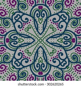 Circular  seamless pattern of abstract  motif, stripes, ellipses, spots, spirals, cross. Hand drawn.
