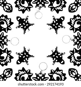 Circular  seamless pattern of abstract motif,hole, spots, spirals, waves, copy space. Hand drawn. 