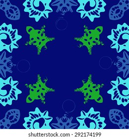 Circular  seamless pattern of abstract motif,hole, spots, spirals, waves, copy space. Hand drawn. 