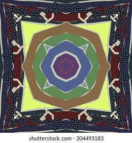 Circular  seamless  pattern of abstract patchwork  motif  and trees on a striped  background.