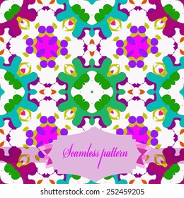 Circular seamless pattern of colored abstract shapes, ellipses, label on a  white background. Handmade.