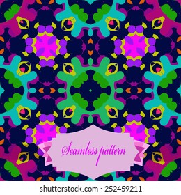 Circular seamless pattern of colored abstract shapes, ellipses, label on a dark blue background. Handmade.