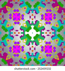 Circular seamless pattern of colored abstract shapes, ellipses on a   gradient gray  background. Handmade.