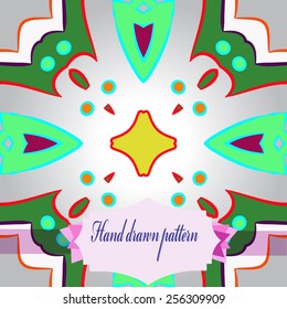 Circular seamless   pattern of colored abstract motif,  ellipses, label  on a gradient gray    background. Hand drawn.