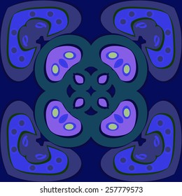 Circular seamless pattern of colored abstract motif on a  dark blue  background. Hand drawn.