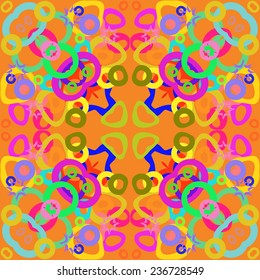Circular seamless pattern of colored bagels, stars on a light orange background.