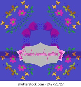 Circular seamless pattern of colored branches, butterflies, floral motifs, label, text  on a blue background. Hand drawn. 