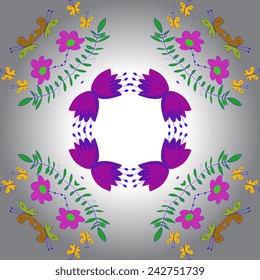 Circular seamless pattern of colored branches, butterflies, floral motifs on a gradient  background. Hand drawn.