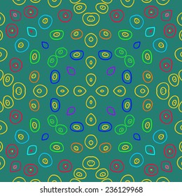 Circular seamless pattern of colored  doodles on a  pale azure background. Handmade.