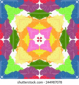 Circular seamless  pattern of colored feathers  on a white  background. Hand drawn.