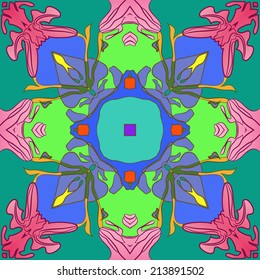 Circular seamless pattern of colored floral motifs, leaves, spots, stripes in a multicolored background. Handmade. 
