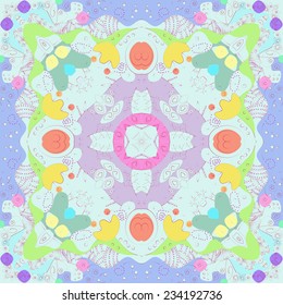 Circular seamless pattern of colored floral motifs, spirals, ellipses on a light azure background. Handmade.