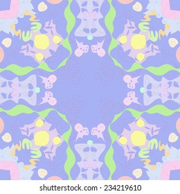 Circular seamless pattern of colored floral motifs, spirals, on a light blue background. Handmade.