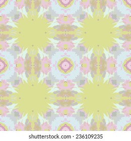 Circular seamless pattern of colored floral motif,  spots on a pale yellow background. Handmade.