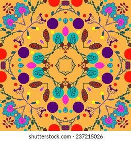 Circular seamless pattern of colored floral motifs   on an orange background. Handmade.