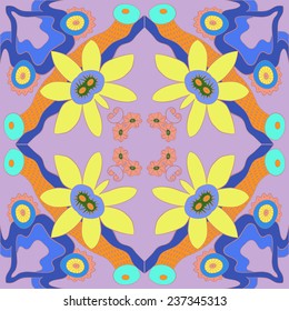 Circular seamless pattern of colored floral motifs,  leaves  on a light purple background. Handmade.